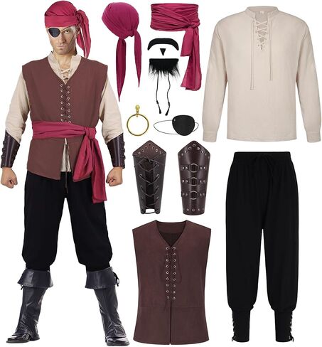 11 PCS Mens Pirate Costume Adult Renaissance Shirt Shirt Sest Bants Halloween Cosplay Whathity with Accessories in Kuwait