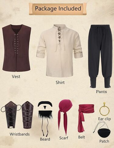 11 PCS Mens Pirate Costume Adult Renaissance Shirt Shirt Sest Bants Halloween Cosplay Whathity with Accessories in Kuwait