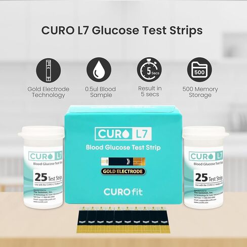 شرائط اختبار الجلوكوز Curo L7 ، 100 عدد (4 قوارير من 25) ، القطب الذهبي ، ل Curo L7 Meter فقط ، لا يوجد ترميز ، إنزيم GDH-FAD ، اختبار الدقة السكر في الدم في المنزل (الجهاز غير مدرج) in Kuwait