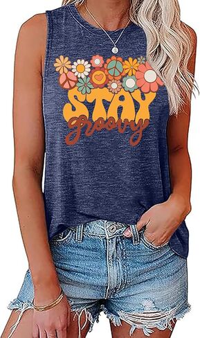 Retro Stay Groovy Tank Top Women Floral Graphic Tee Hippie Vintage 70s Disco Peace Casual Sleeveless Top in Kuwait