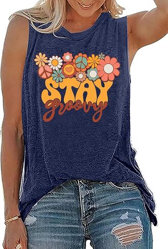 Retro Stay Groovy Tank Top Women Floral Graphic Tee Hippie Vintage 70s Disco Peace Casual Sleeveless Top in Kuwait