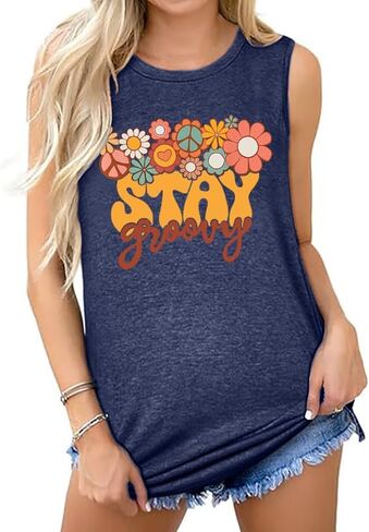 Retro Stay Groovy Tank Top Women Floral Graphic Tee Hippie Vintage 70s Disco Peace Casual Sleeveless Top in Kuwait