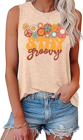 Retro Stay Groovy Tank Top Women Floral Graphic Tee Hippie Vintage 70s Disco Peace Casual Sleeveless Top in Kuwait