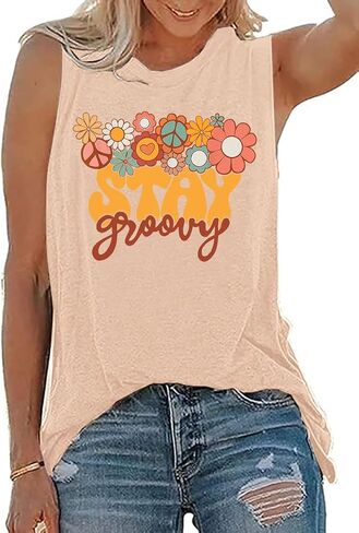 Retro Stay Groovy Tank Top Women Floral Graphic Tee Hippie Vintage 70s Disco Peace Casual Sleeveless Top in Kuwait