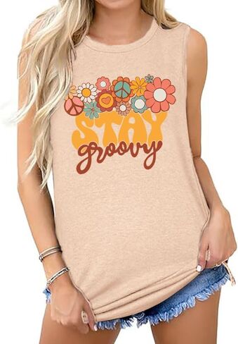 Retro Stay Groovy Tank Top Women Floral Graphic Tee Hippie Vintage 70s Disco Peace Casual Sleeveless Top in Kuwait