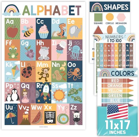 Hadley Designs 4 Farmhouse Pre K & Kindergarten Homeschool Supplies - ABC Chart, Number Chart 1-100 For Kids For Wall, Color Posters For Classroom Posters Preschool, Preschool Learning Posters... in Saudi Arabia