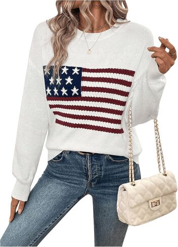 SweatyRocks Women's American Flag Print Long Sleeve Sweater Casual Loose Knit Round Neck Pullover Top in Saudi Arabia