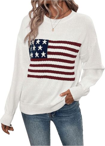 SweatyRocks Women's American Flag Print Long Sleeve Sweater Casual Loose Knit Round Neck Pullover Top in Saudi Arabia