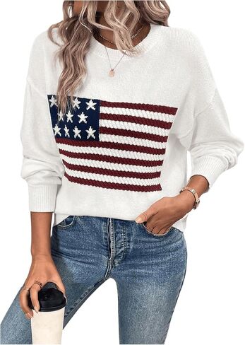 SweatyRocks Women's American Flag Print Long Sleeve Sweater Casual Loose Knit Round Neck Pullover Top in Saudi Arabia
