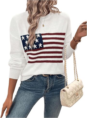SweatyRocks Women's American Flag Print Long Sleeve Sweater Casual Loose Knit Round Neck Pullover Top in Saudi Arabia