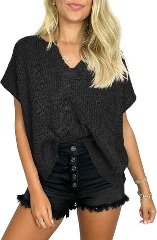 Saodimallsu Womens Short Cap Sleeve Sweater Tops Oversized V Neck Side Slit Knit Summer Tshirts in Saudi Arabia