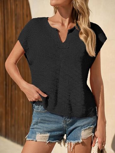 Saodimallsu Womens Short Cap Sleeve Sweater Tops Oversized V Neck Side Slit Knit Summer Tshirts in Saudi Arabia