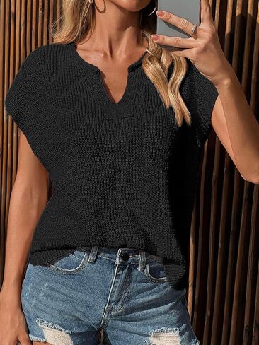 Saodimallsu Womens Short Cap Sleeve Sweater Tops Oversized V Neck Side Slit Knit Summer Tshirts in Saudi Arabia