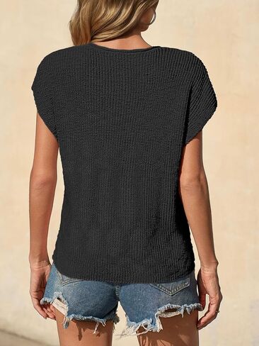 Saodimallsu Womens Short Cap Sleeve Sweater Tops Oversized V Neck Side Slit Knit Summer Tshirts in Saudi Arabia