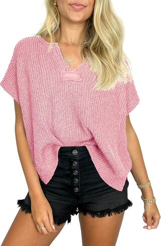 Saodimallsu Womens Short Cap Sleeve Sweater Tops Oversized V Neck Side Slit Knit Summer Tshirts in Saudi Arabia