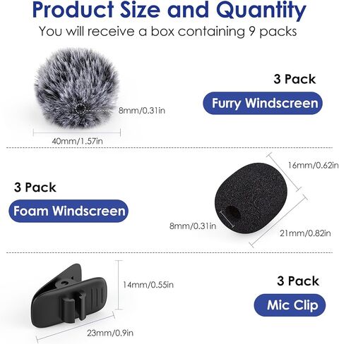 Mini Wireless Furry Windscreen & Foam Cover Set for Lavalier Microphone, Foam Mic Cover with Clips to Reduce Wind Noise, Washable and Windproof Lapel Mic Windscreen Muff (9 Pack) in Kuwait