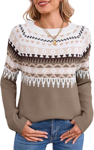Alsol Lamesa Women's Fair Isle Sweater Casual Crewneck Long Sleeve Heart Sweater Vintage Knit Jumper Tops in Kuwait