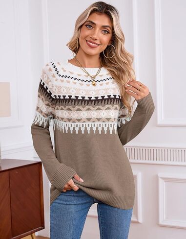 Alsol Lamesa Women's Fair Isle Sweater Casual Crewneck Long Sleeve Heart Sweater Vintage Knit Jumper Tops in Kuwait