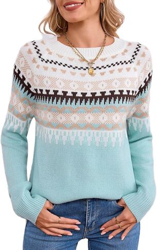 Alsol Lamesa Women's Fair Isle Sweater Casual Crewneck Long Sleeve Heart Sweater Vintage Knit Jumper Tops in Kuwait