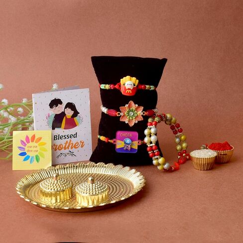 SATVIK Combo Set of 4 - Rakhi Family (1 Bhaiya +1 Bhabhi Lumba + 2 Rakhi for Brother Bhabhi Traditional Handmade Designer Rakhi with Puja Plate, Roli Chawal, Greeting Card & Sita-Ram Sticker in Saudi Arabia