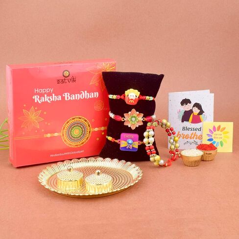 SATVIK Combo Set of 4 - Rakhi Family (1 Bhaiya +1 Bhabhi Lumba + 2 Rakhi for Brother Bhabhi Traditional Handmade Designer Rakhi with Puja Plate, Roli Chawal, Greeting Card & Sita-Ram Sticker in Saudi Arabia
