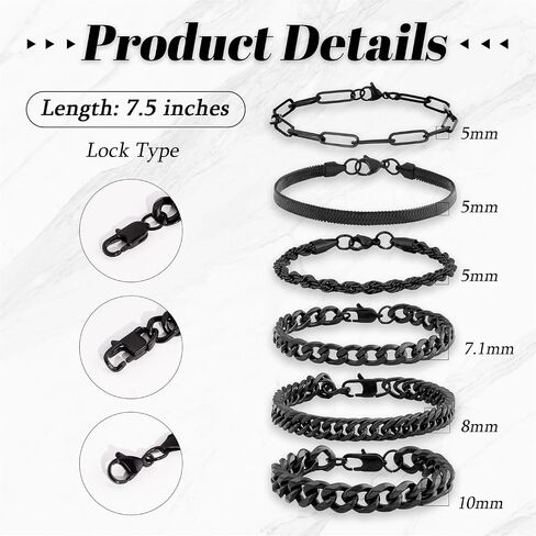 yatojuzi 6 pcs الأساور الفولاذ المقاوم للصدأ للرجال للرجال للرجال كوبية ربط سوار حبل الحبل paperclip سلسلة الأفعى مجموعة 7.5/8.3/9 بوصات الملحقات المعدنية رجالي in Kuwait