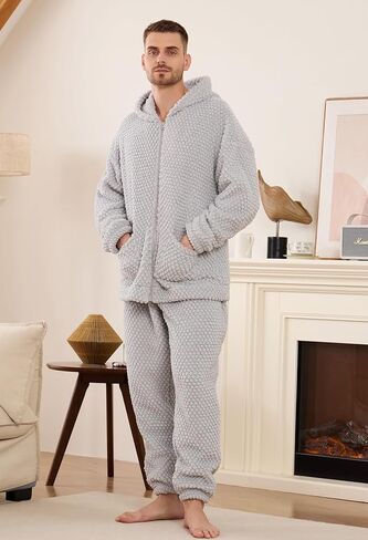 Vulcanodon Mens Plush Hooded Zipper Pajama Set, Soft Warm Long Sleeve Sleepwear with Pockets Fluffy Fuzzy Cozy Pjs in Kuwait