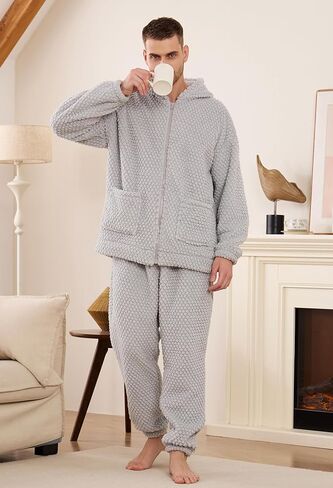 Vulcanodon Mens Plush Hooded Zipper Pajama Set, Soft Warm Long Sleeve Sleepwear with Pockets Fluffy Fuzzy Cozy Pjs in Kuwait