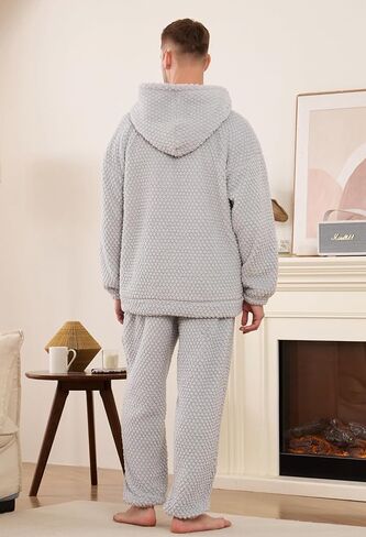 Vulcanodon Mens Plush Hooded Zipper Pajama Set, Soft Warm Long Sleeve Sleepwear with Pockets Fluffy Fuzzy Cozy Pjs in Kuwait