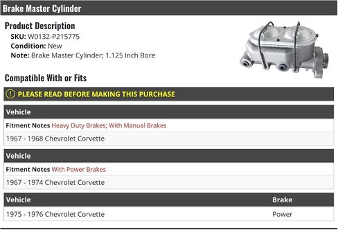 Brake Master Cylinder - 1.125 بوصة التجويف - متوافق مع 1967-1976 Chevy Corvette in Saudi Arabia