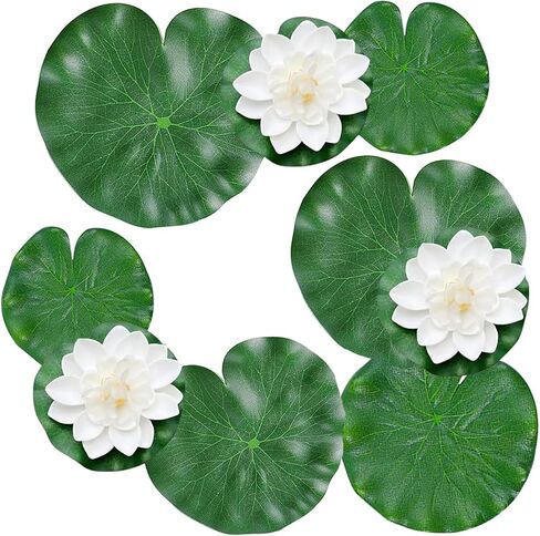9pcs زهور الرغوة الاصطناعية العائمة لوتس مع أوراق اللوتس الاصطناعية ، وسادات زنبق للبحيرة ، وحلي نباتات البركة لزخارف مياه الحوض ، أبيض in Kuwait