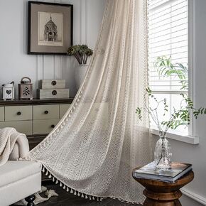 Vintage Handmade Crochet Knitting Window Curtains Boho Chic Cotton Linen Lace Curtain for Bedroom Living Room Drape Decor, Semi Sheer Rod Pocket Kitchen Curtain with Tassels, 1 Panel, 59" x 63"