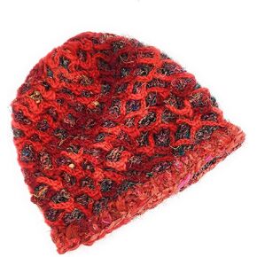 Hand Knit Wool & Recycled Silk Warm Beanie Diamond Chain Detail Fleece Lined Made in Nepal