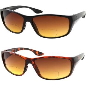 2 Pair Bifocal Sun Reader Sport and Wrap Around Reading Sunglasses - Amber Tint Great for Driving and Fishing