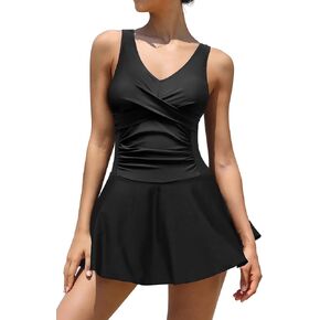 SHEKINI Women's V Neck One Piece Swimdress Crossover Ruched Skirt Swimsuit Retro Bathing Suit