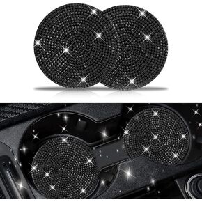 2 PCS Car Cup Holder Coasters, 2.7In Bling Crystal Rhinestone Rubber Vehicle Cup Mats, Universal Anti-Slip Durable Automotive Interior Decoration Accessories for Cars Trucks SUVs (Black)