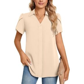 Aodemo Women's 2024 Summer Dressy Collared V Neck Chiffon Blouse Business Tunic Petal Short Sleeve Shirt Office Work Tops