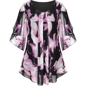 Womens Floral Ruffle 3/4 Sleeve Mesh Blouse Casual V Neck Shirts Pleated Loose Fit Flowy Tunic Tops Dressy in Kuwait