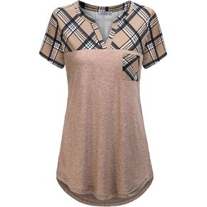 قمصان MOQIVGI للسيدات بأكمام قصيرة ورقبة على شكل حرف V وحاشية منخفضة مرقعة مع جيب in Kuwait