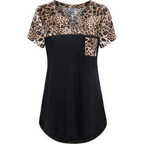 MOQIVGI Womens Short Sleeve Vneck Hi Low Hem Patchwork Tops with Pocket