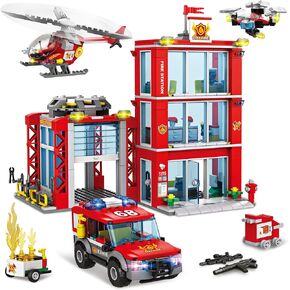 WishaLife City Fire Station Building Blocks Set, Fire Truck, Helicopter, Drone, Rescue Gear, Fire Command Center Playset, Firefighters Roleplay Toy Gifts for Kids Boys Girls Ages 6+ (744 Pieces)