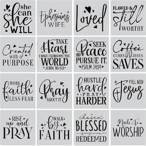 Inspirational Word Stencil Set, 16PCS Christian Faith Stencils with Quotes and Bible Verses, Ideal for Painting on Wood, Canvas, Walls, Furniture, Porches, Front Doors, and More - 8x8 Inches