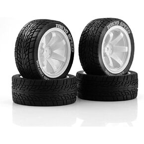 4PCS 1/10 RC Rubber On-Road Tires(6-Spokes) 12mm Hex Plastic Wheel Hub 67mm Wheel Tires Set for 1/10 Traxxas HSP 94122 Kyosho Tamiya FW06 TT02 HPI