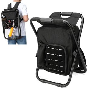 MOZETO Backpack Stool Cooler Chair with Molle Pocket and American Flag Patche, Portable Folding Fishing Stool for Outdoor Walking Hiking Camping