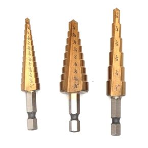 3 Pcs Hex Shank HSS Titanium Coated Step Drill Bits Set for DIY Woodworking Tool,4-/12/20/32mm