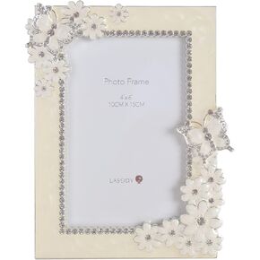 LASODY - Cornice portafoto in metallo argentato con fiori e farfalle, con smalto bianco e cristalli, 4 x 6 cm