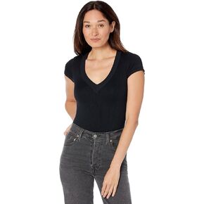 Yummie Women's Hailey Plunging V-Neck Short Sleeved Thong Back Bodysuit, Black, LG-XL