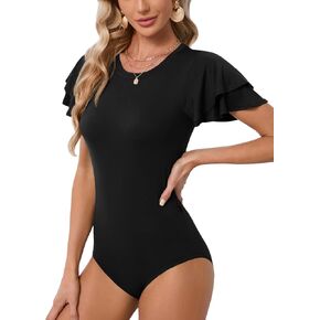 Women's 2023 Bodysuit Short Ruffle Sleeves Crew Neck Dressy Blouse Shirt Top
