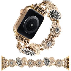 Stretchy Metal Bracelet Bands Compatible with Apple Watch Band 38mm 40mm 41mm, Women Fancy Elastic Sunflower Heart Dressy Stainless Replacement Wristband Strap for iWatch Series 9 8 7 6 5 4 3 2 1 SE