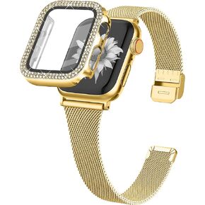 JOYOZY Slim Stainless Steel Band Compatible with Apple Watch 38mm 40mm 41mm 42mm 44mm 45mm Milanese Strap with Bling Glitter Case Built-in Screen Protector Dressy Bracelet Band for Women (Gold 45mm)